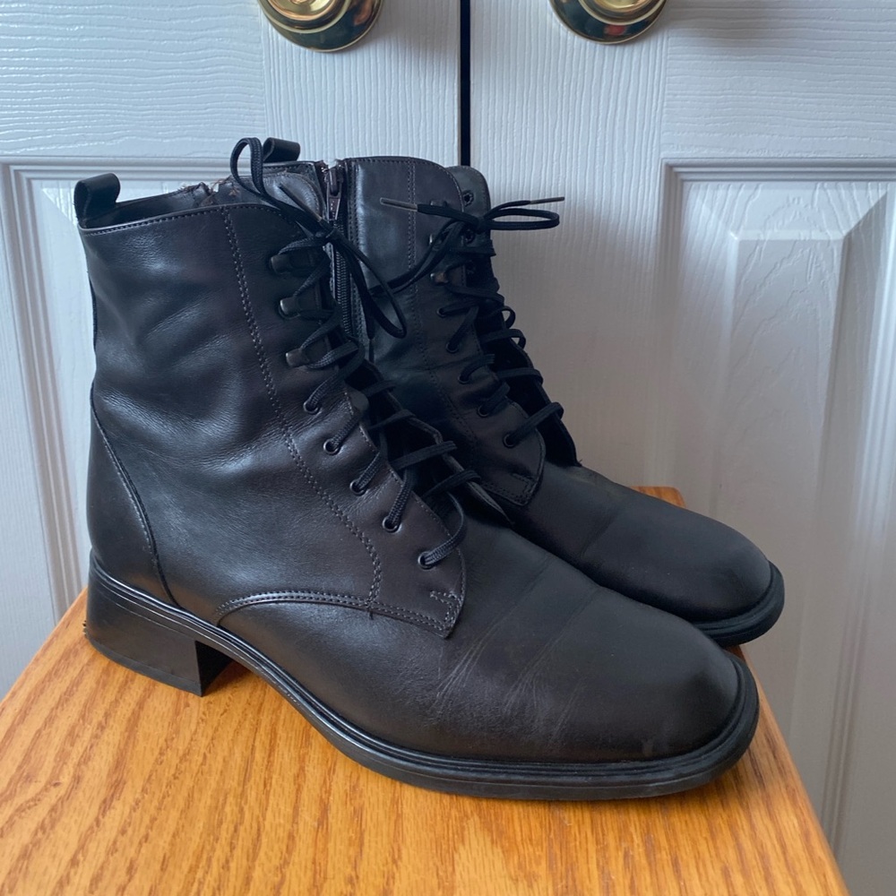 SANTANA‎ CANADA Black Leather Waterproof Lace-Up Moto Combat Boots SZ 9.5 NARROW